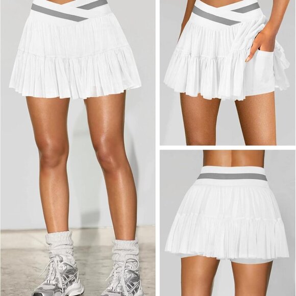 White Women's Mini Pleated Flowy Ruffle Tennis Skirt with Shorts Pockets - Picture 3 of 6